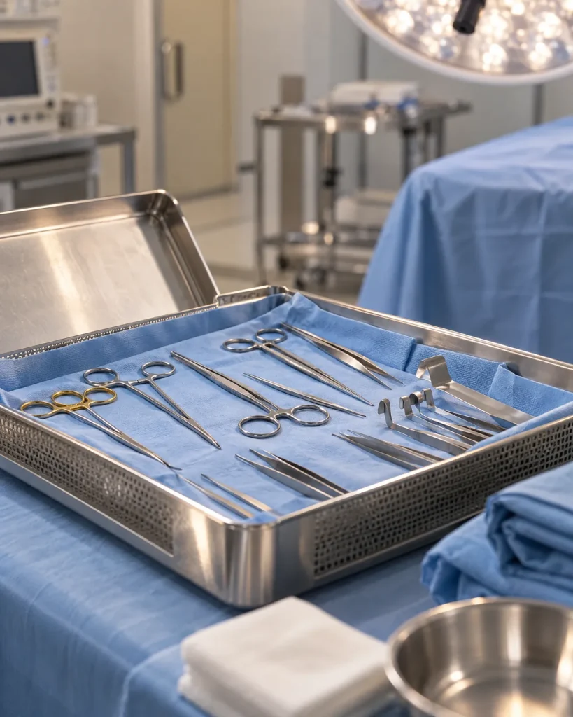 Instrumental quirúrgico de acero ordenado en una bandeja de esterilización con paño azul