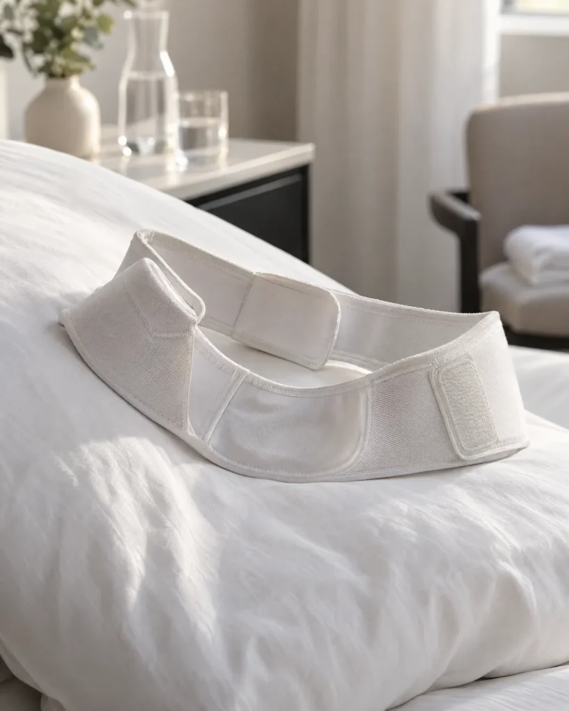 Mentonera de compresión blanca sobre una almohada de lino, en una habitación de recuperación