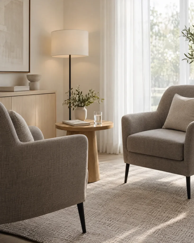Dos sillones grises junto a una mesa auxiliar de madera, en una sala de consulta con luz natural