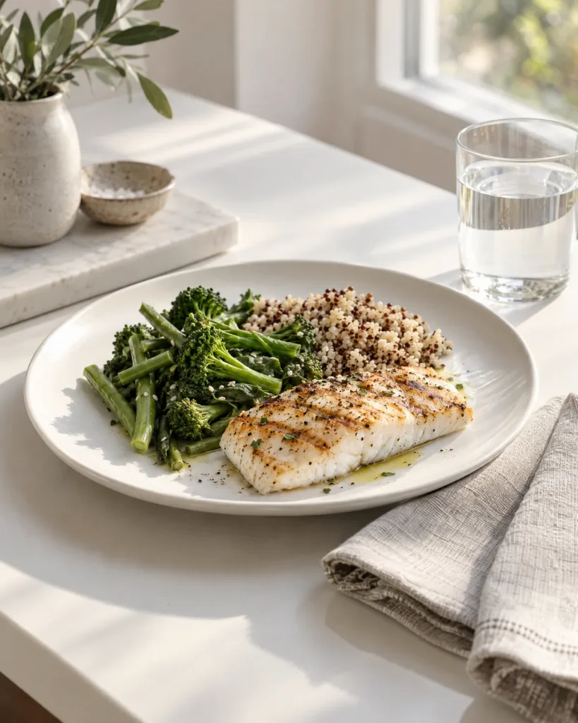 Plato blanco con pescado a la plancha, verduras al vapor y quinua, junto a un vaso de agua