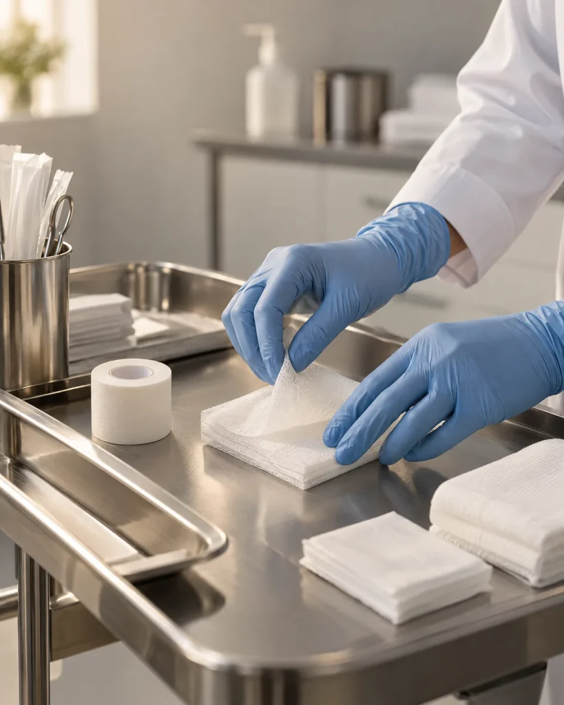 Manos con guantes preparando gasas y cinta sobre una mesa de acero